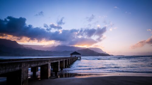 Serene Ocean Pier at Sunset Over Hanalei Bay Hawaii PC Wallpaper