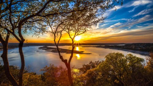 Breathtaking Golden Sunset Over Calm Lake Landscape PC Wallpaper
