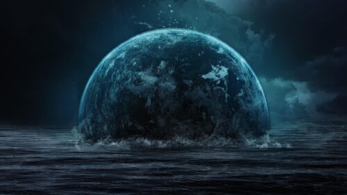 Mysterious Blue Planet Rising From Dark Ocean 4K Wallpaper