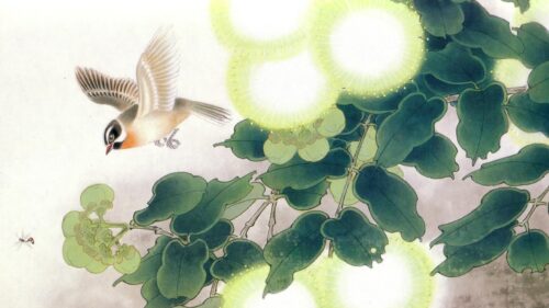 Elegant Traditional Japanese Painting of a Bird and Glowing Flowers Desktop Wallpaper