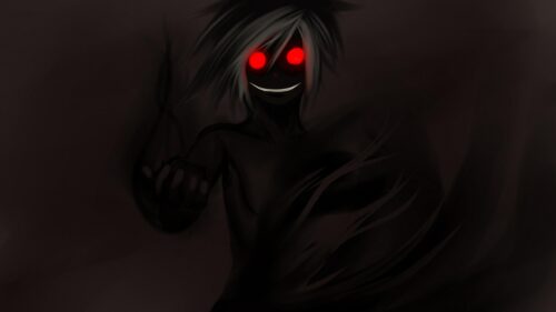 Creepy Anime Shadow Boy with Glowing Red Eyes 4K Desktop Wallpaper