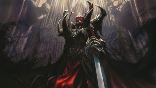 Epic Dark Fantasy Warrior in Obsidian Armor with Glowing Red Eyes PC Wallpaper