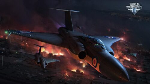 World of Warplanes British Fighter Jet Squadron Night Mission 4K Wallpaper