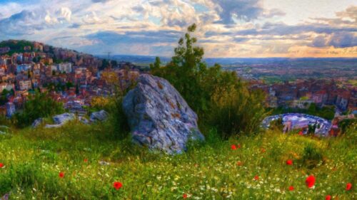 Impressionist Italian Hillside Town View with Wildflowers 4K PC Wallpaper