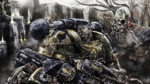 Warhammer 40k Space Marine Tactical Armor and Servoskull Desktop Wallpaper