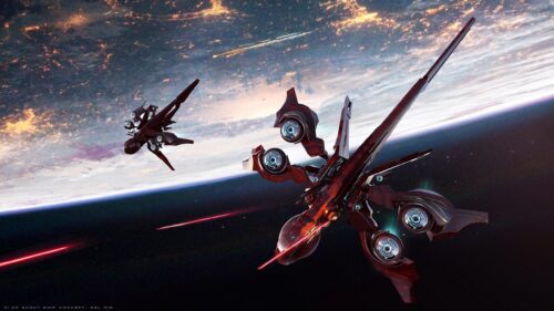Red Xian Scout Ships Flying Over Earth Orbit 4K PC Wallpaper