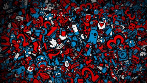 Abstract Red and Blue Doodle Art Aesthetic 4K PC Wallpaper