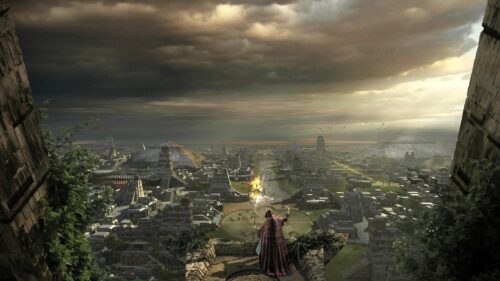 Mystical Wizard Overlooking Ancient Mayan Civilization Fantasy PC Wallpaper