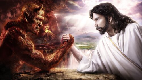 Epic Battle of Good vs Evil Jesus and Devil Arm Wrestling 4K Wallpaper