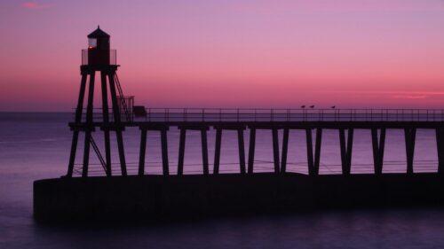 Stunning Purple Sunset Lighthouse Pier Desktop Wallpaper
