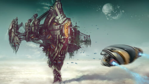 Futuristic Sci-Fi Spaceship Station and Shuttle in Orbit Desktop Wallpaper