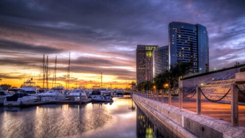 San Diego Marina Sunset Cityscape and Yachts 4K PC Wallpaper