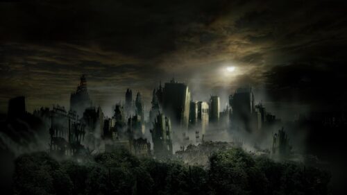 Post Apocalyptic Ruined City Skyline Dark Cinematic 4K Wallpaper