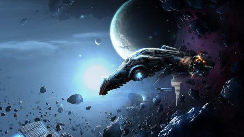 Futuristic Spaceship Flying Through Asteroid Field 4K Wallpaper