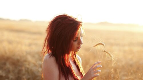 Stunning Redhead Woman in Golden Wheat Field at Sunset PC Wallpaper