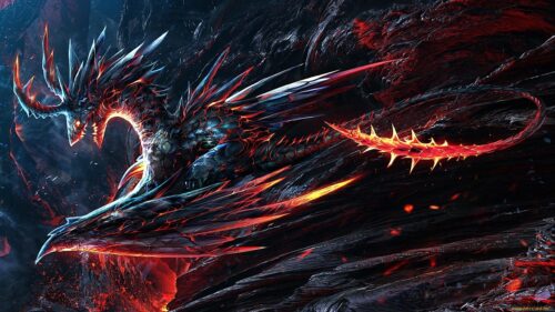 Epic Fire Dragon Fantasy Creature Dark Volcanic Landscape 4K Wallpaper