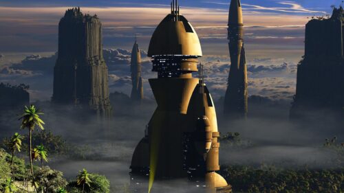 Futuristic Alien World Architecture Above Tropical Clouds PC Wallpaper