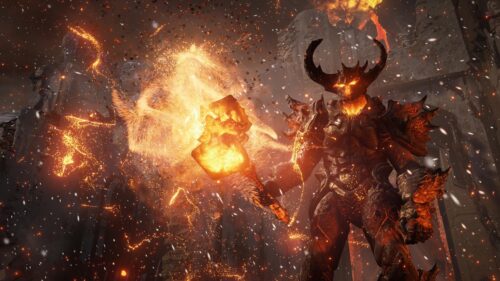 Epic Fantasy Demon Warrior with Flaming Hammer 4K PC Wallpaper