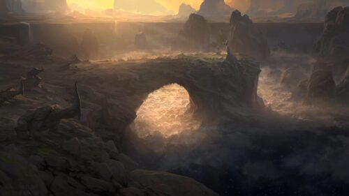Ethereal Golden Sunset Mountain Landscape with Mysterious Rock Arch PC Wallpaper