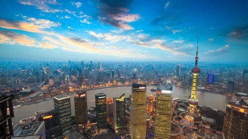 Breathtaking Aerial View of Shanghai Skyline at Sunset PC Wallpaper