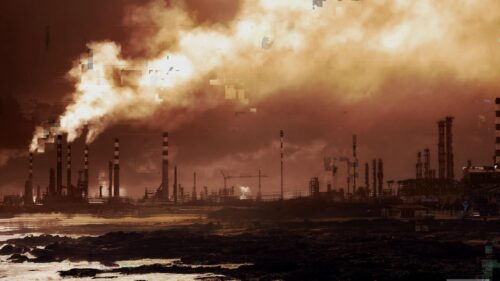 Industrial Factory Smoke at Sunset Cinematic Desktop Wallpaper