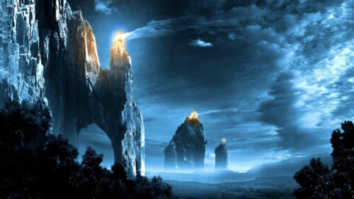Mystical Blue Mountains with Glowing Peaks Fantasy Landscape Desktop Wallpaper