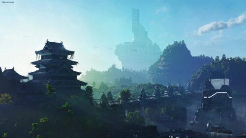 Futuristic Japanese Castle and Sci-Fi City Skyline 4K PC Wallpaper