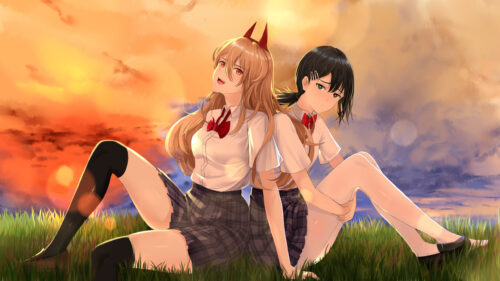 Chainsaw Man Power and Kobeni Anime Schoolgirls Sunset 4K PC Wallpaper