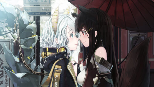 Anime Girls Face to Face Under Umbrella 4K PC Wallpaper