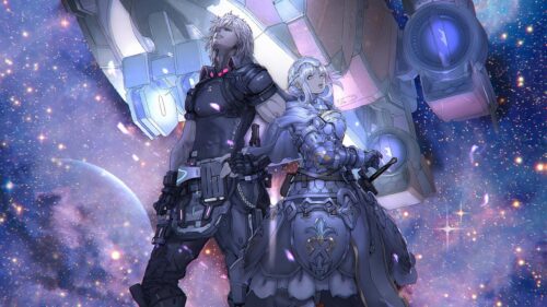 Anime Sci-Fi Duo Standing Before a Starship Space Wallpaper 4K