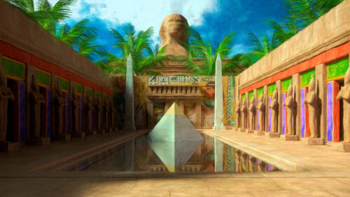 Ancient Egyptian Temple with Pyramid and Sphinx 4K Desktop Wallpaper
