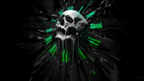 Abstract Skull with Glowing Neon Green Clock Fragments Desktop Wallpaper