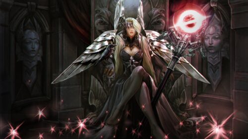 Dark Fantasy Queen Sitting on Throne with Glowing Staff PC Wallpaper
