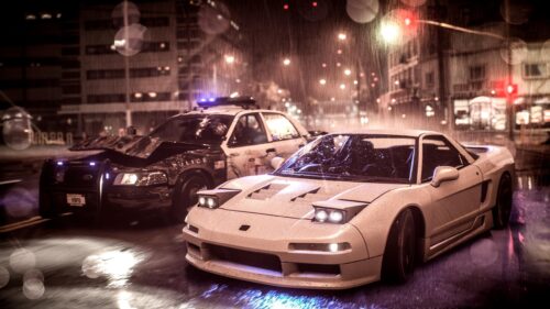 White Honda NSX High Speed Police Chase Night City 4K Desktop Wallpaper