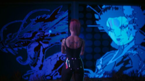 Cyberpunk Girl with Dragon Tattoo Standing Before Neon Walls 4K PC Wallpaper