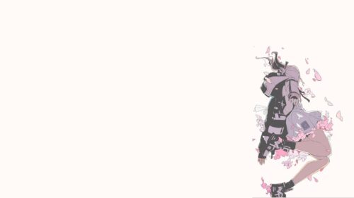 Minimalist Anime Girl with Falling Cherry Blossom Petals PC Wallpaper
