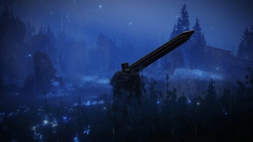 Elden Ring Dark Knight with Greatsword in Blue Night Forest PC Wallpaper