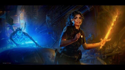 Brave Police Officer Fighting Demons with Flaming Sword 4K Desktop Wallpaper