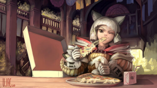 Anime Cat Girl Enjoying Pizza in Cozy Tavern Fantasy Desktop Wallpaper