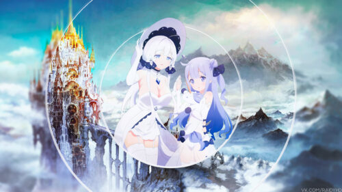 Beautiful Anime Girls with Fantasy Castle Landscape Desktop Wallpaper