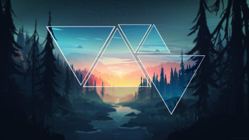 Minimalist Geometric Mountain Forest Sunset Landscape PC Wallpaper