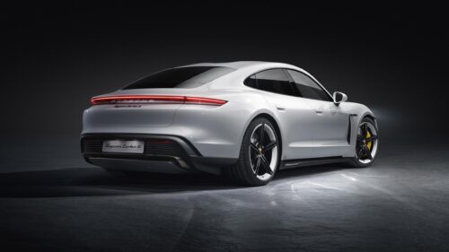 Stunning White Porsche Taycan Turbo S Rear View Desktop Wallpaper