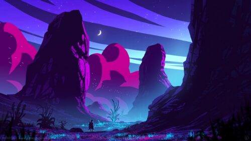 Surreal Alien Landscape with Glowing Plants and Lone Traveler PC Wallpaper