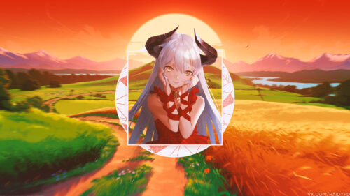 Anime Girl with Horns in a Beautiful Golden Sunset Landscape PC Wallpaper