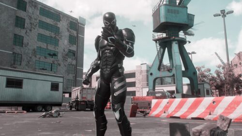 Black Suit Spider-Man Advanced Tech Suit Industrial Zone 4K Wallpaper