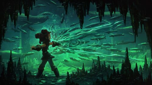 Anime Girl Casting Green Magic in Underwater Cave PC Wallpaper