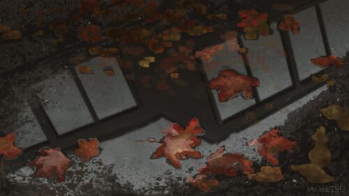 Moody Autumn Puddle Reflection with Falling Maple Leaves PC Wallpaper