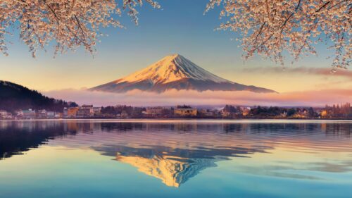 Breathtaking Mount Fuji Reflection with Cherry Blossoms 4K Wallpaper