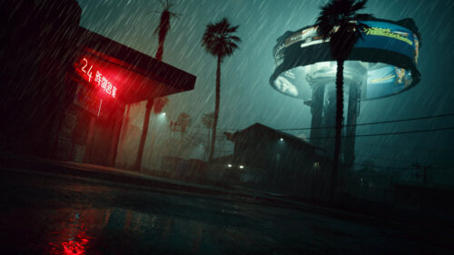 Cyberpunk Rainy Street with Neon Lights and Futuristic Billboard PC Wallpaper