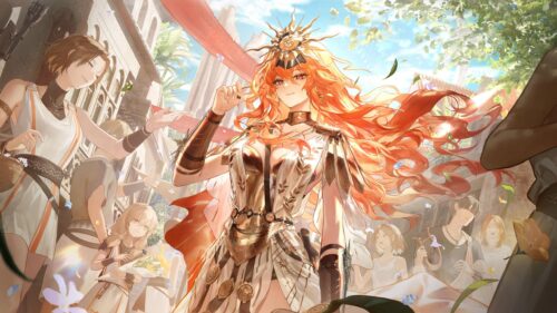 Stunning Anime Goddess with Long Orange Hair in Ancient City 4K Wallpaper